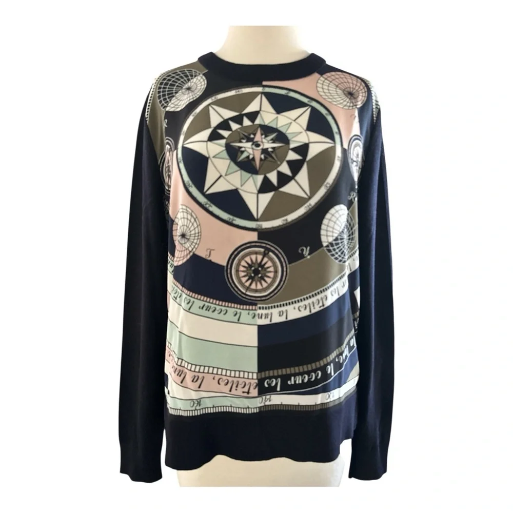 Tory Burch Silk Front Merino Wool‎ Compass Print Sweater Women’s Size M